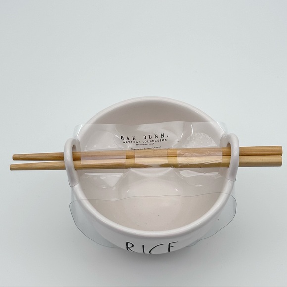 Rae Dunn RICE Ceramic Glossy Rice Bowl with Chopsticks - Picture 2 of 5